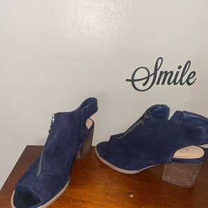 Blue suede heel out booties
